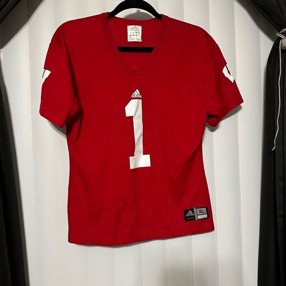 Adidas #1 red/white Jersey style vneck top